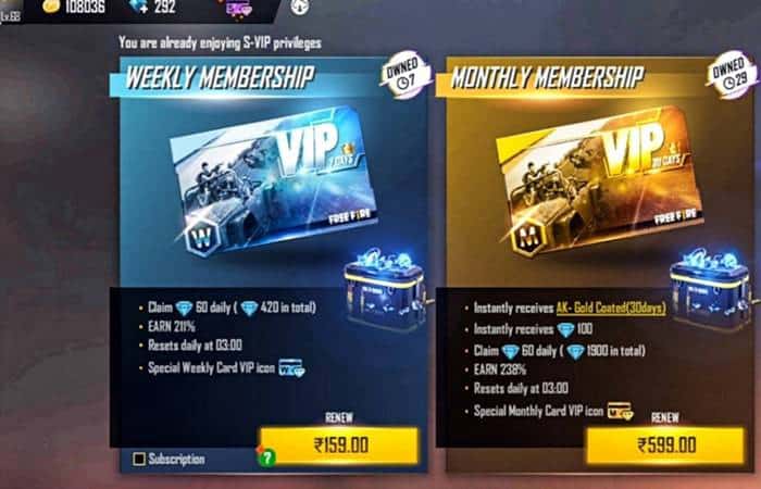 اشتراک هفتگی و ماهانه بازی فری فایر